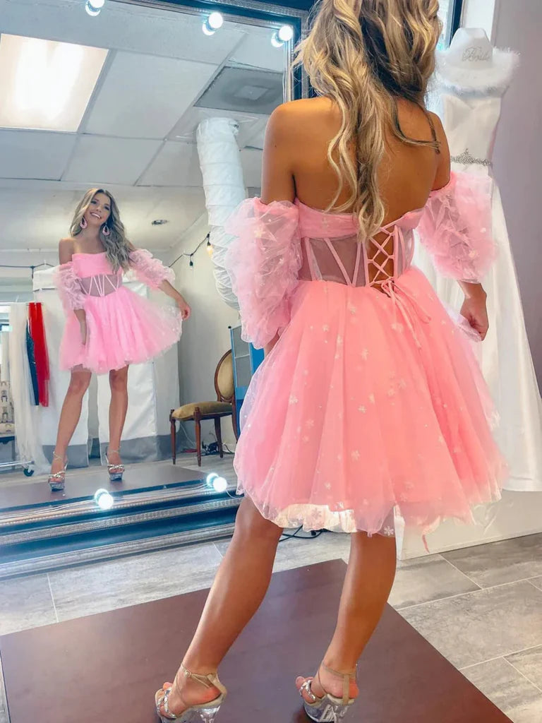 Princess Strapless Short Pink Prom Dresses with Sleeves, Pink Short Homecoming Dresses, Pink Formal Evening Dresses nv1472