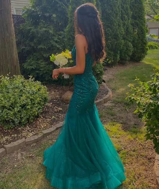 Green elegant exquisite applique beading long tulle ball gown evening dress party dress nv1404