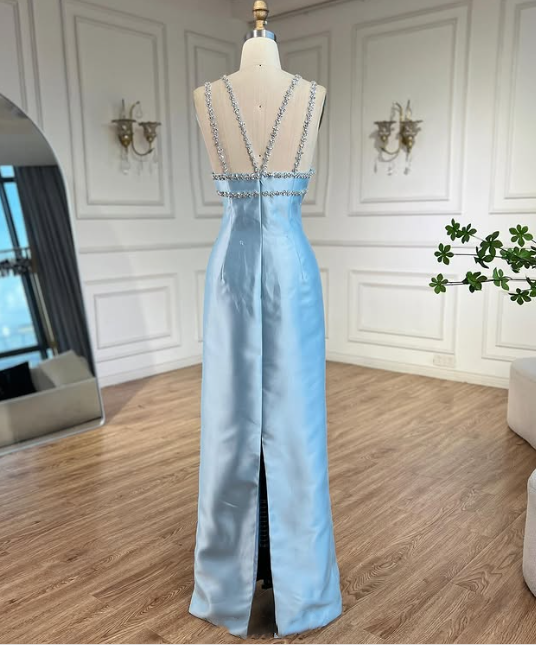 Blue Elegant Exquisite Gem Rhinestone Beading Long satin Train/Straight Satin Ball Gown Evening Dress nv3801