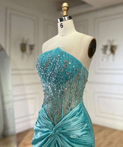 Green Luxury Strapless Mermaid Evening Dress Shiny Satin Beaded Long Formal Party Dress Prom Dress Evening Gown nv2415