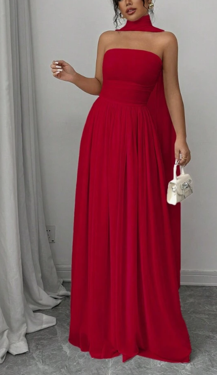 Robe de soirée longue en mousseline de soie, élégante et rouge, à épaules dénudées, pour invité de mariage, nv2617