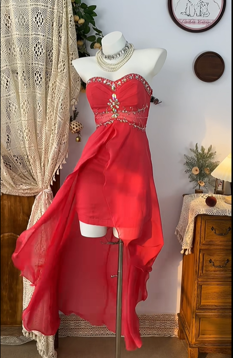 Rotes, modisches, perlenbesetztes, kurzes Chiffon-Heimkehrkleid, Geburtstagskleid, Bankettkleid, Partykleid, nv4558