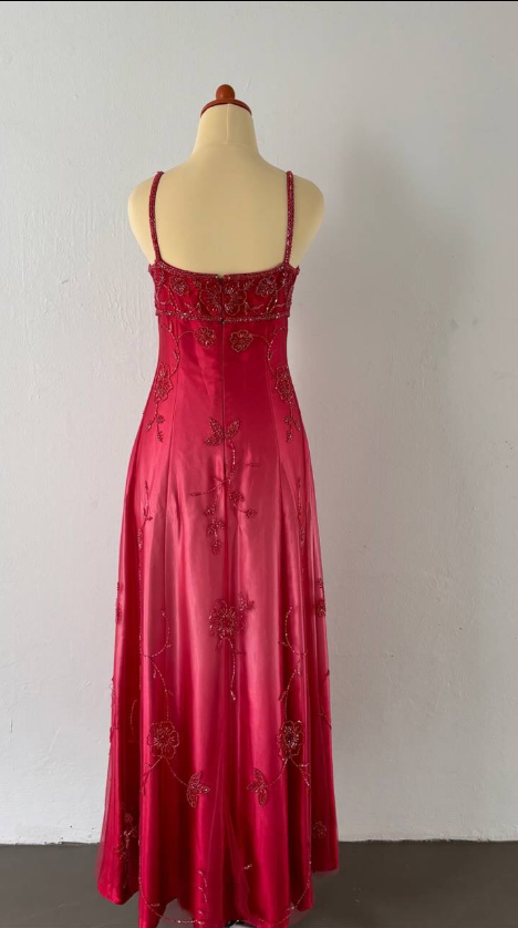 Cherry Red Gradient Retro Fashion Exquisite Beading Long Satin Ball Gown Evening Dress Party Dress Prom Dress nv4585