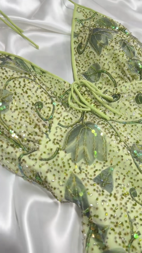 Robe de soirée longue en mousseline de soie, verte, brillante, à paillettes et perles, motif floral, nv5133