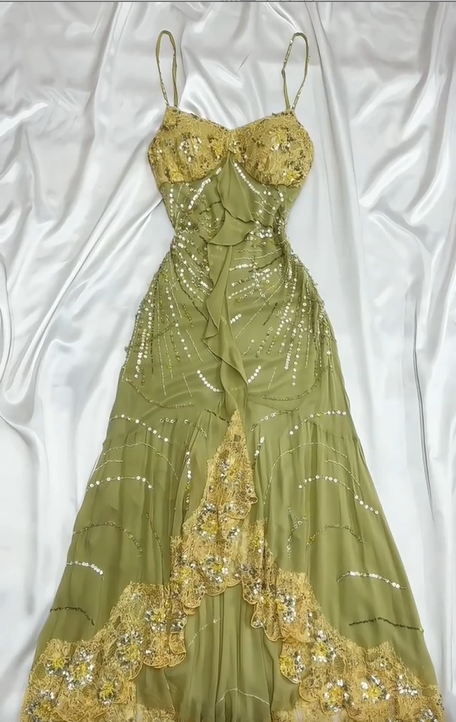 Green Beaded Floral Long Lace Chiffon Prom Dress Evening Dress Party Dress nv5135