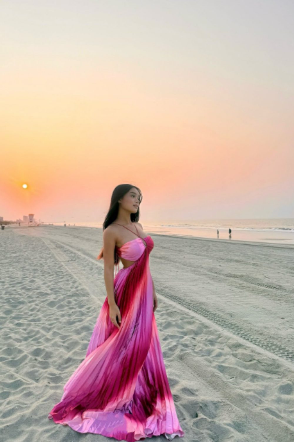 Red and pink gradient fashion suspenders long chiffon holiday party dress nv5407