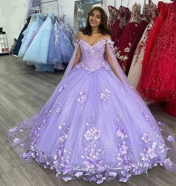 Light Purple Quinceanera Dresses With Cape 3D Floral Applique nv1007