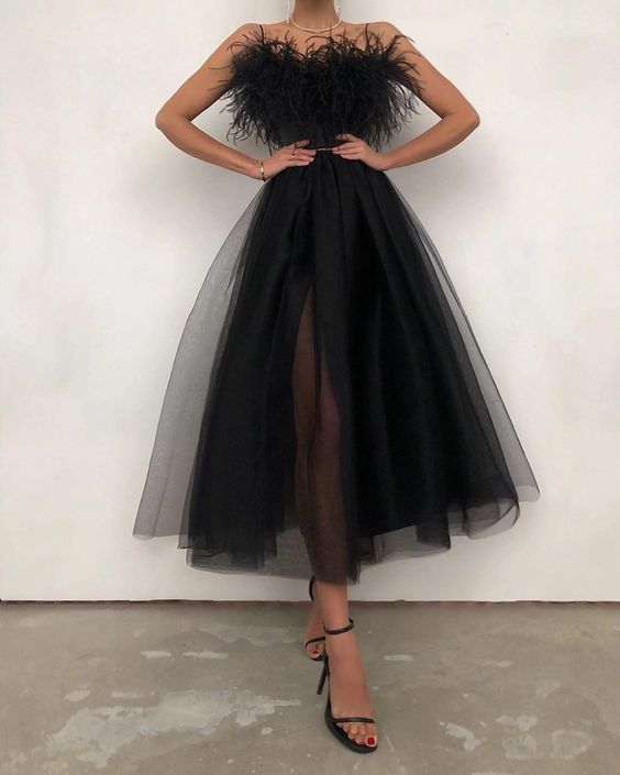 Black A Line Tulle Prom Dress Feather Evening Dress With Slit nv1132