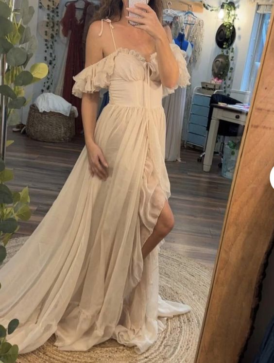 Off White Chiffon Long Prom Dress with Slit nv1239