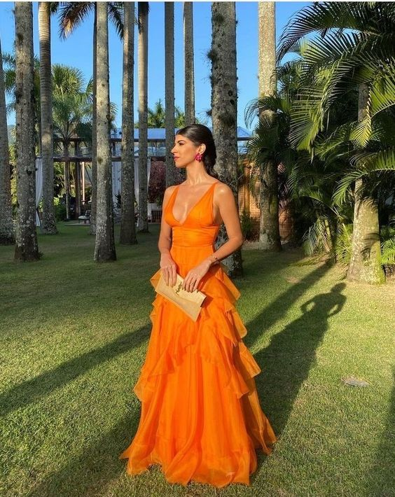 Orange simple sexy elegant V-neck ruffle long prom dress evening dress party dress V-neck dress suit prom dress to impress nv1161