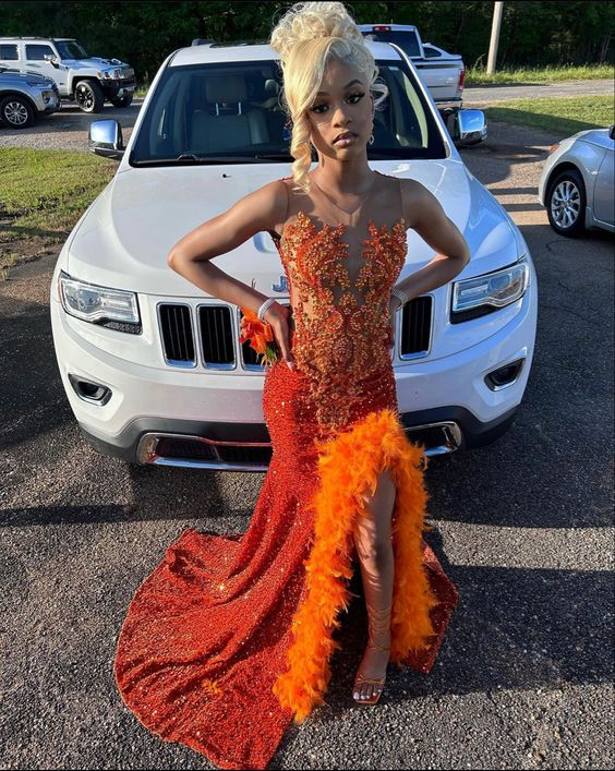 Beaded Sheath Formal Dresses With Slit Orange Shiny Sequins Evning Dress nv1121