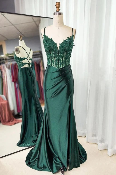 Green simple fashion beaded sequins long satin spaghetti strap mermaid slit prom dress evening dress graduation dress nv1284