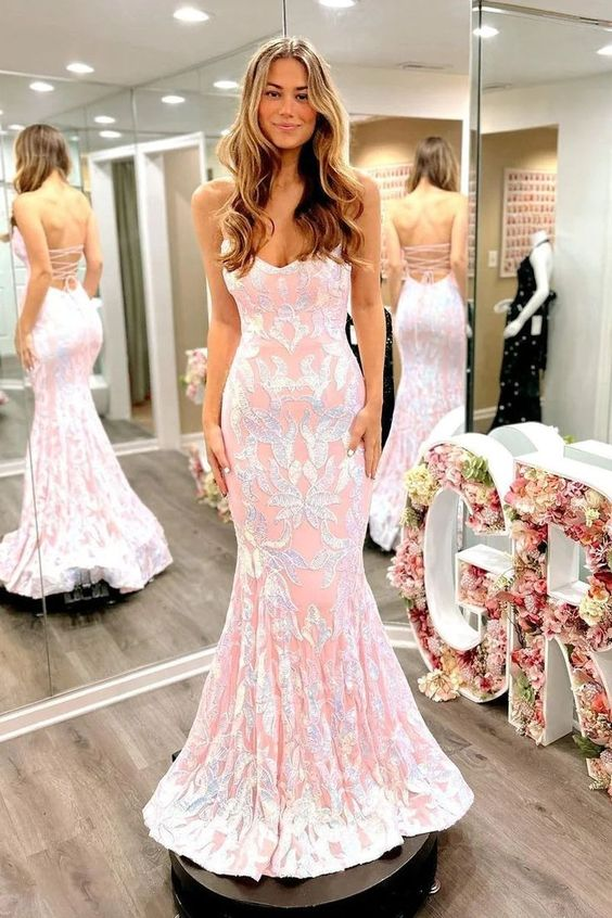 Pink Lace Mermaid Prom Dresses with Sequins nv1136