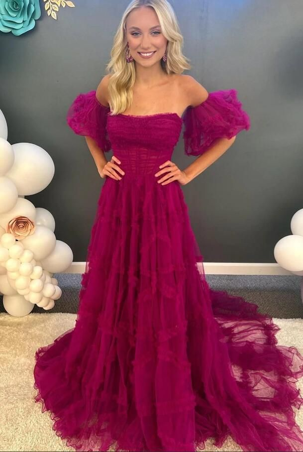 Strapless Tulle Long Prom Dress with Ruffle Embellishments and Ballon Sleeves nv1306