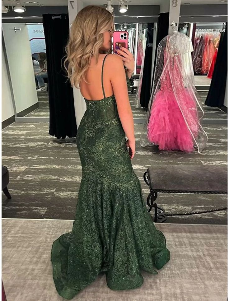 Spaghetti Strap Green Mermaid Evening Gown Formal Sweep Train Prom Dress nv1279