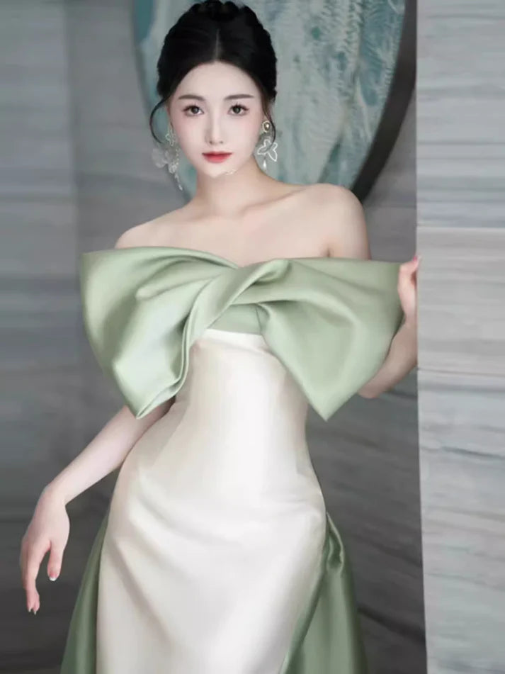 Robe de soirée longue en satin blanc à épaules dénudées et à manches courtes, avec nœud vert, style sirène, robe de soirée nv2529