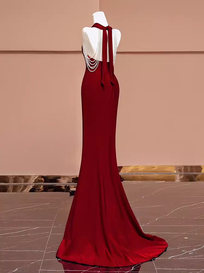 Mermaid Halter Burgundy Long Prom Dresses nv1717