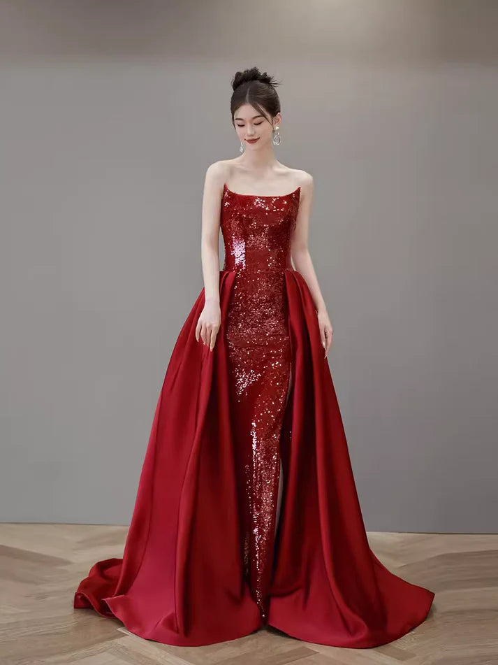 Robe de soirée sirène rouge à épaules dénudées et paillettes, ligne A, longue fente, robe de bal, robe de soirée nv2515