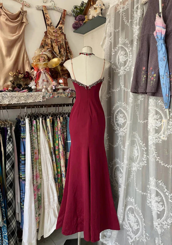 Rot Retro Mode Sexy Spaghettiträger Exquisite Spitze Meerjungfrau Schlank Ballkleid Langes Partykleid Ballkleid Abendkleid nv3853