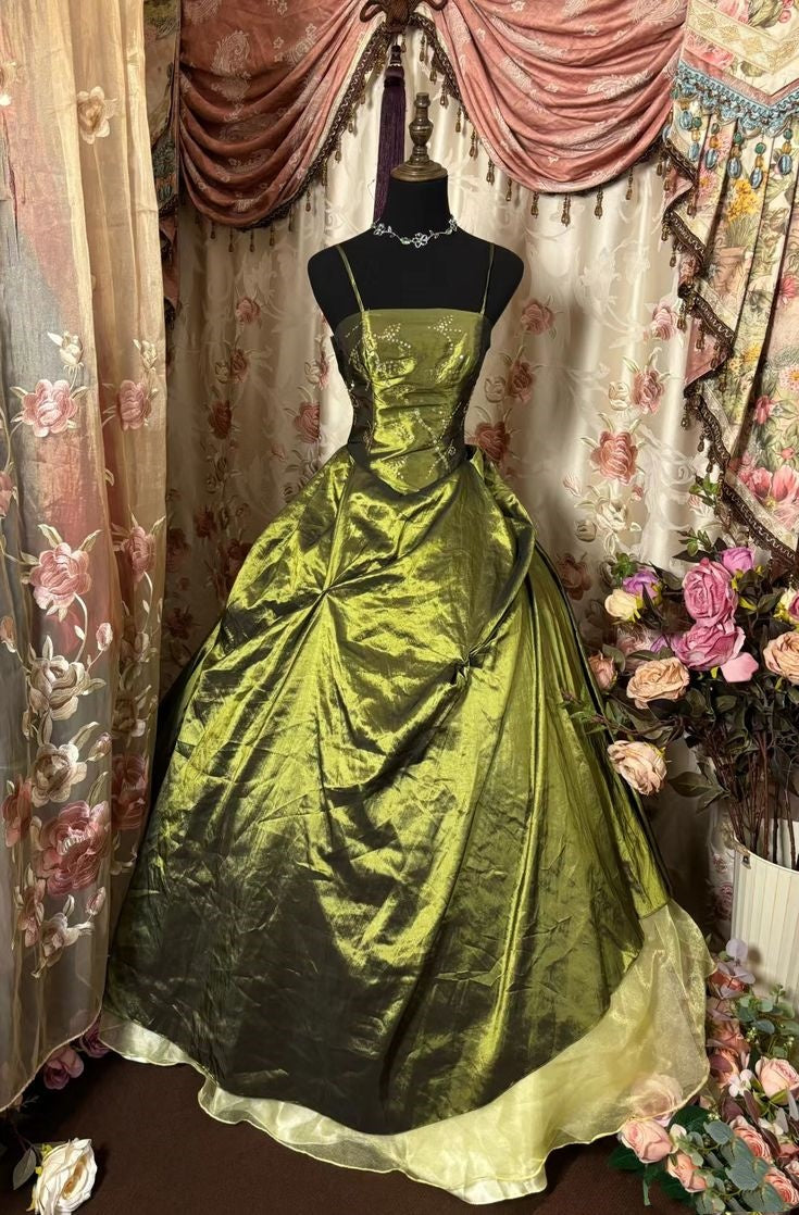 Olive Green Vintage Fashion Spaghetti Strap Satin Long Tulle Party Dress Ball Gown Evening Dress nv3822