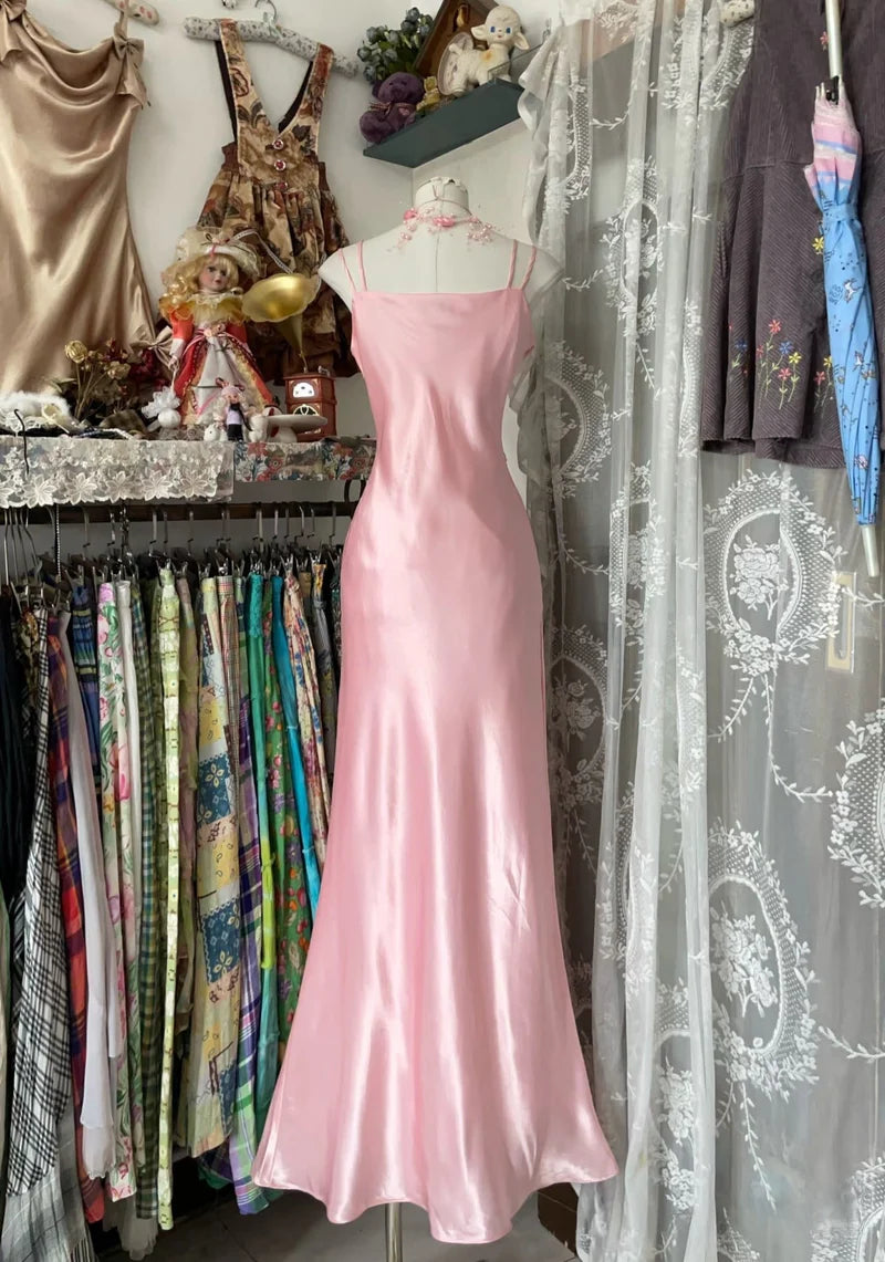 NiceVestidos-Long Pink Retro Fashion Mermaid Strap Floor Length Lace Satin Evening Gown Ball Gown Nv5641