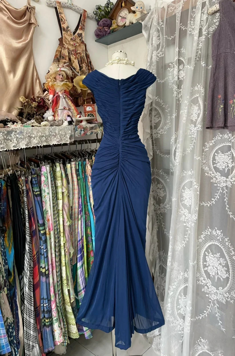 Robe de soirée sirène bleu marine vintage à col en V et longueur au sol, robe de bal, robe de soirée nv4293