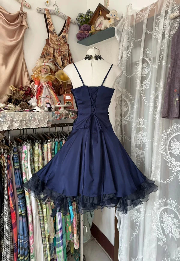Navy Blue Vintage Short Homecoming Dress Birthday Dress nv4294