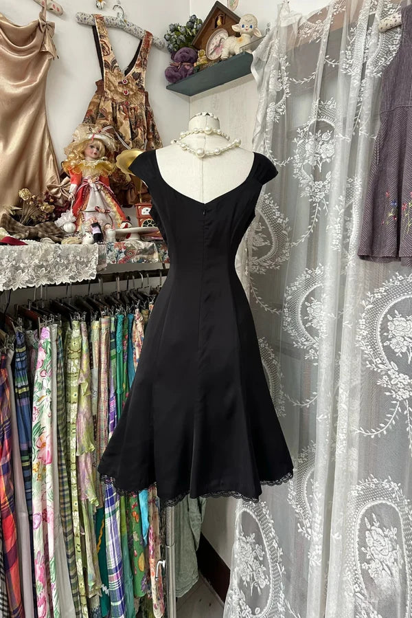 Black Vintage Homecoming Dress Prom Dress Short Satin Birthday Dress nv4299