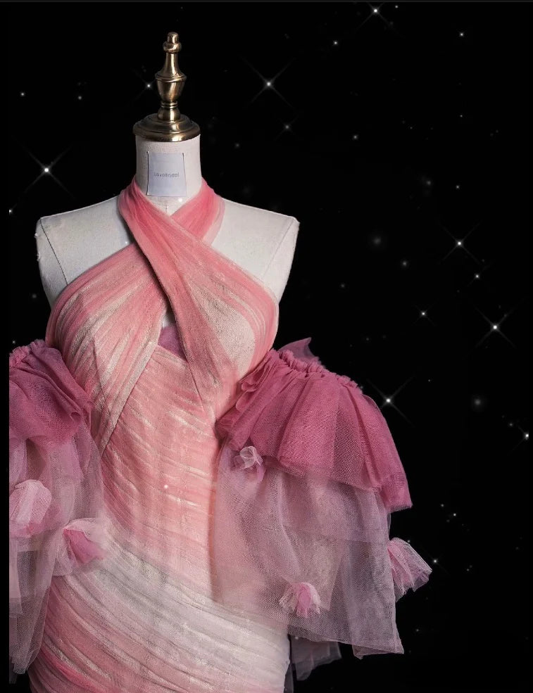 Robe de soirée longue en tulle rose, style rétro, élégante, style sirène, à bretelles, longueur au sol, style sirène, nv3829