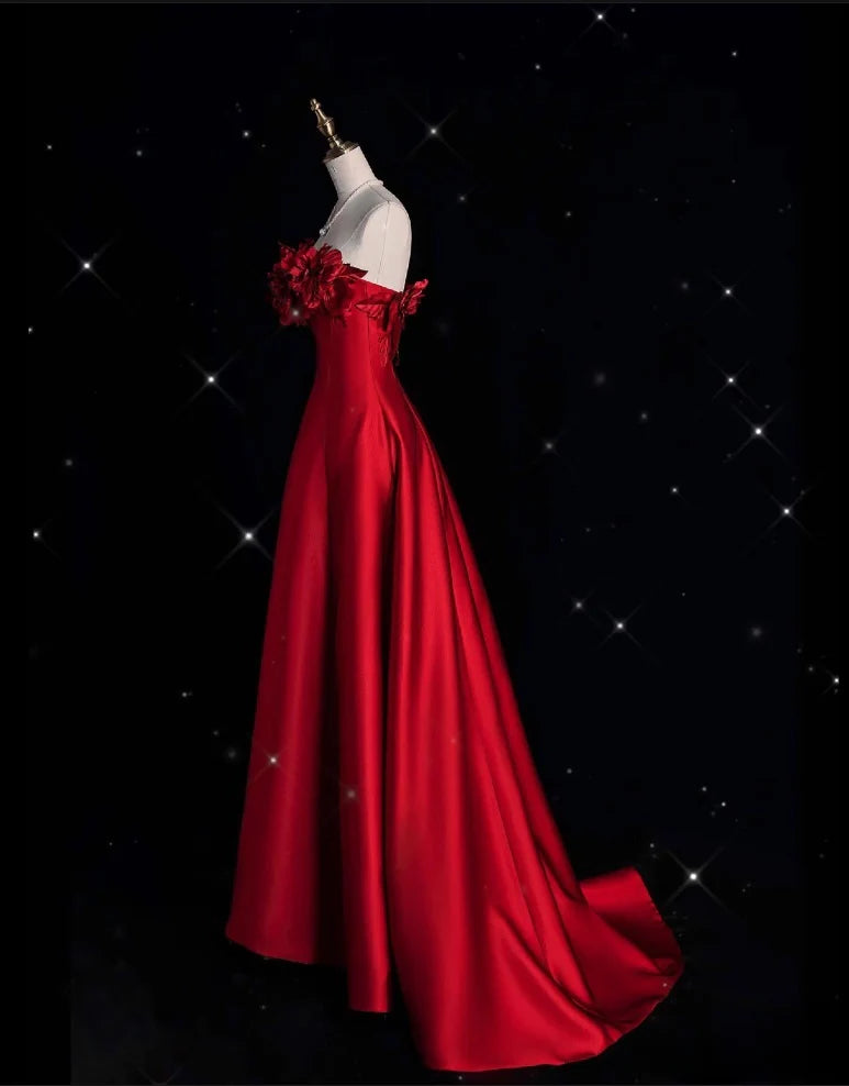 Robe de soirée longue rouge en satin, coupe trapèze, sans bretelles, nv4234