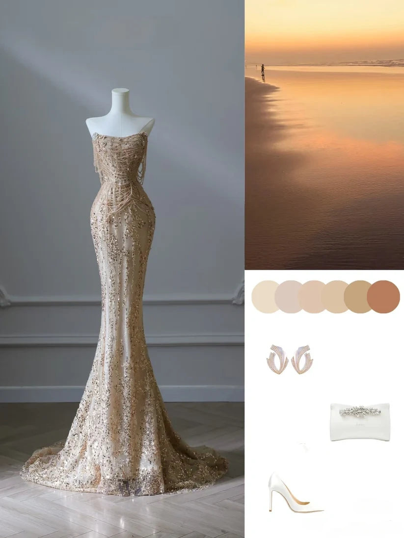 Golden gorgeous shiny exquisite beaded long tulle beautiful mermaid slim off shoulder sequin ball gown formal evening gown prom dress nv3854