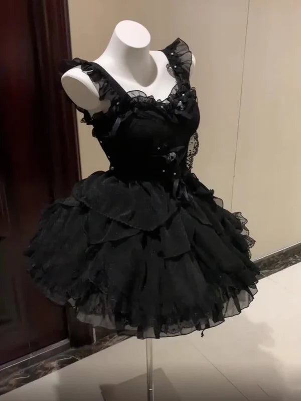 Black Short Lace Princess Tulle Homecoming Dress Birthday Party Dress nv4698