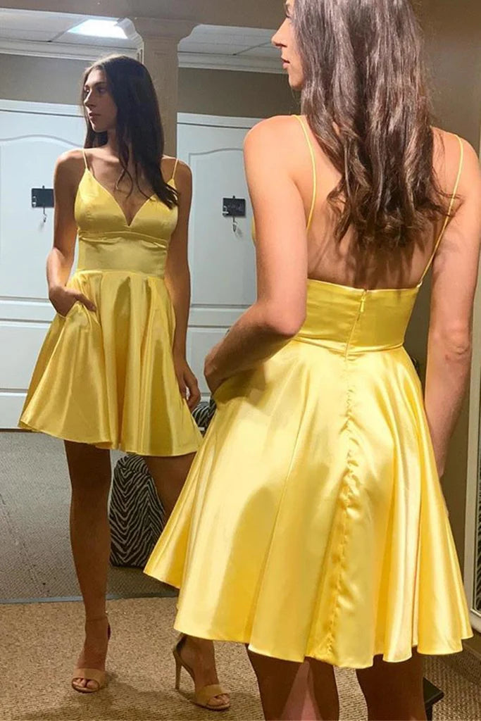 Simple V Neck Backless Yellow Satin Long Prom Homecoming Dresses, Backless Yellow Formal Graduation Evening Dresses nv1514