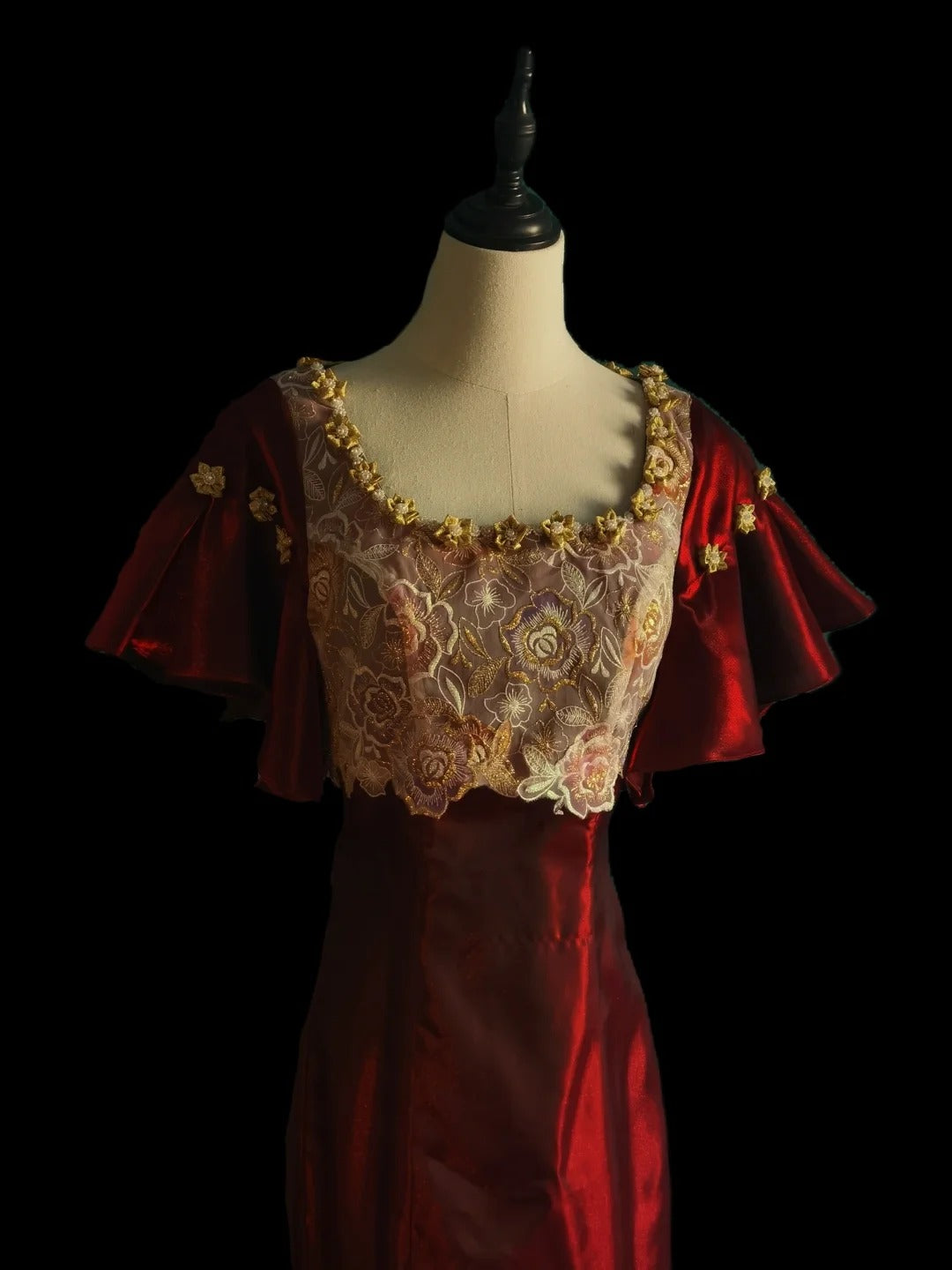 Burgunderrot, wunderschön, Retro-Mode, raffiniert, elegant, goldfarben, floral, mit Perlen besetzt, lang, Tüll, Chiffon, Spitze, Ballkleid, Abendkleid, Partykleid, Abschlussballkleid nv3899