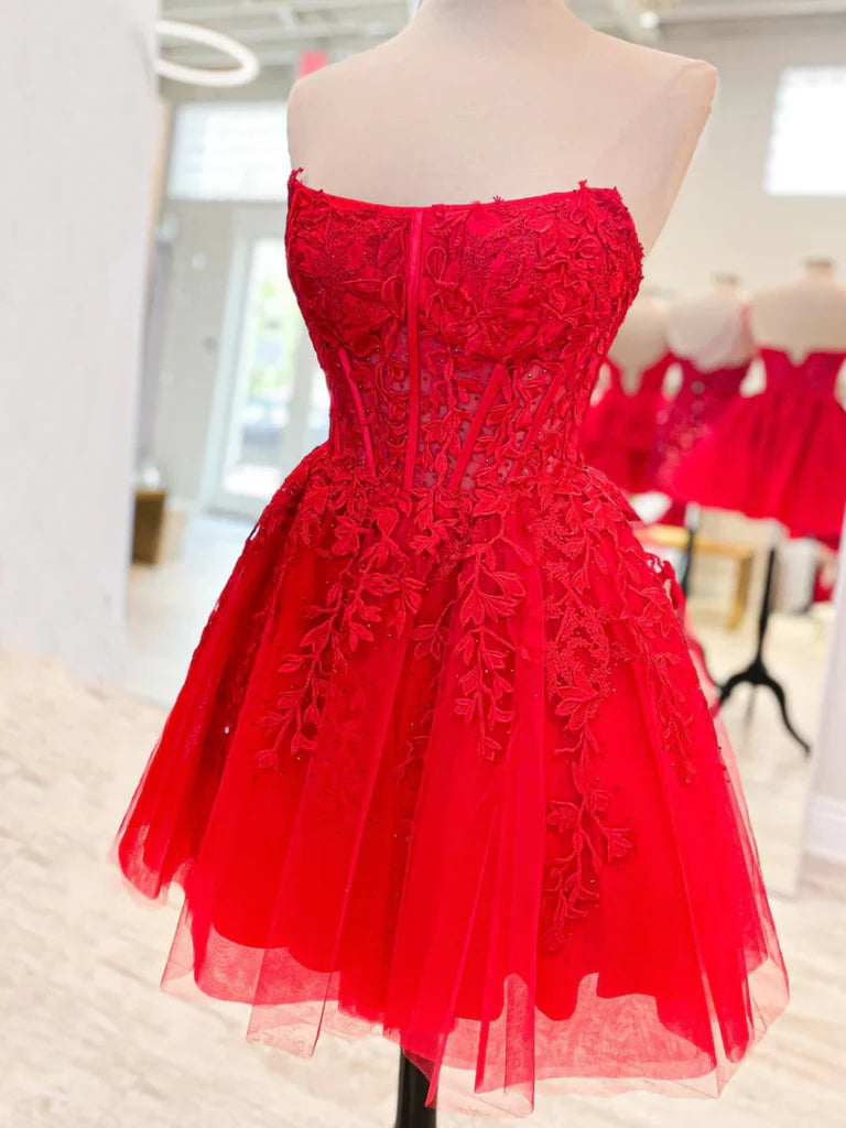 Strapless Purple/Red/Blue Lace Short Prom Dresses, Purple/Red/Blue Lace Homecoming Dresses, Short Formal Evening Dresses nv1483