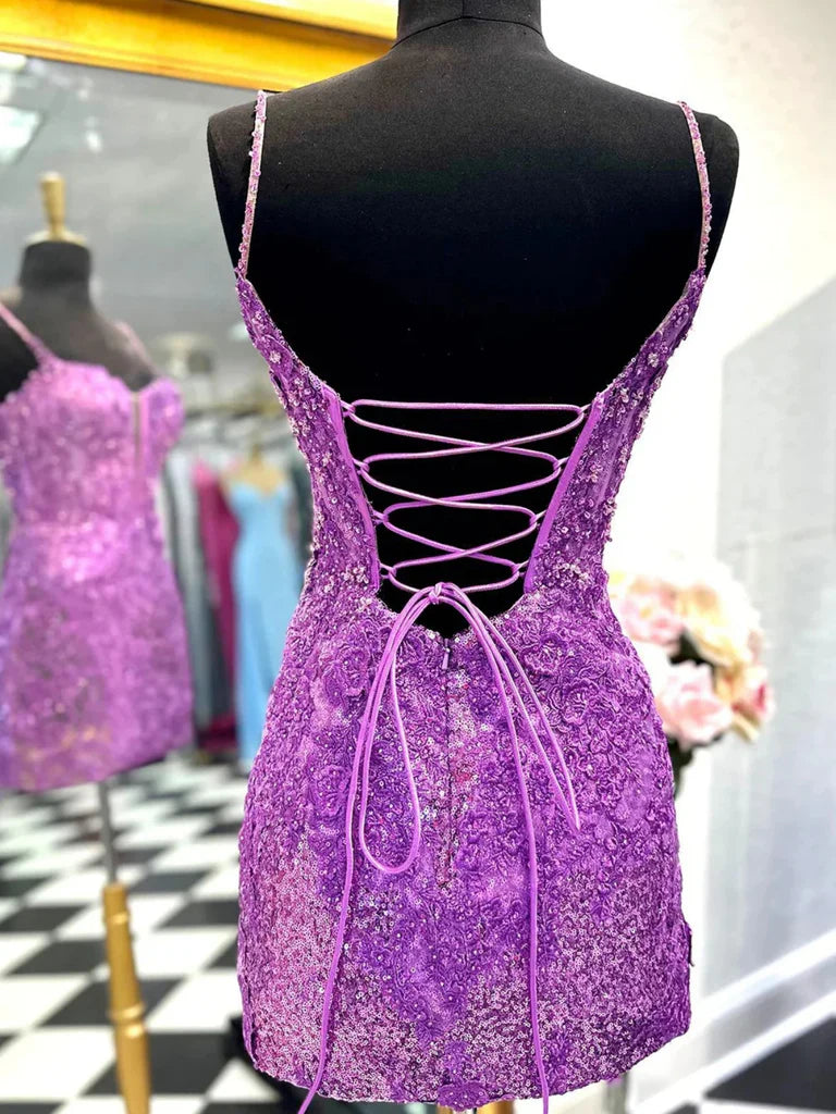 V Neck Open Back Purple Lace Sequins Prom Dresses, Purple Lace Homecoming Dresses, Short Purple Sequins Formal Evening Dresses nv1471