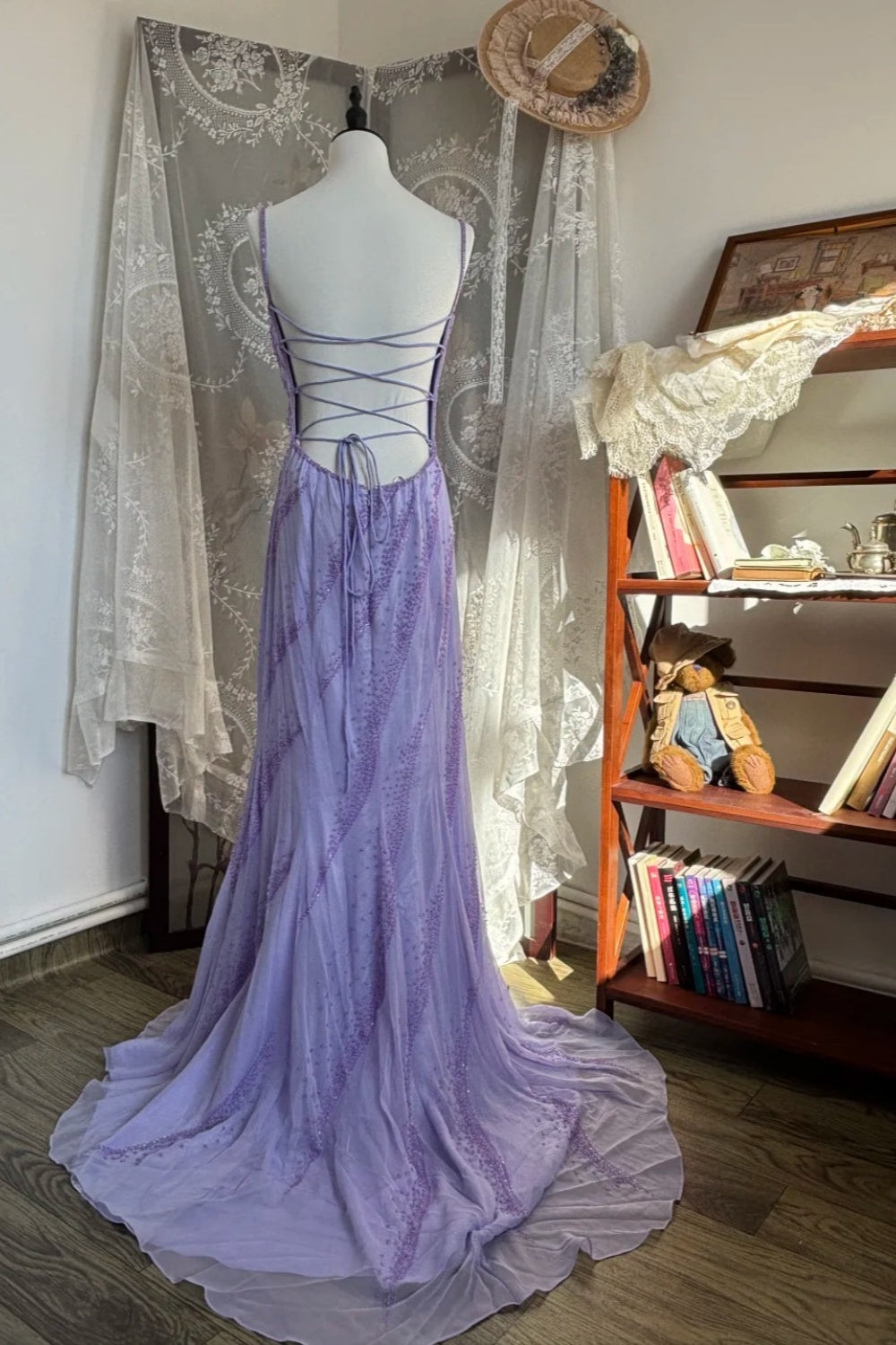 Romantic Luxury Style Lavender Beaded Camisole Crisscross-Back Train Gown - Elegant Dress for Garden Wedding & Dinner NV6363