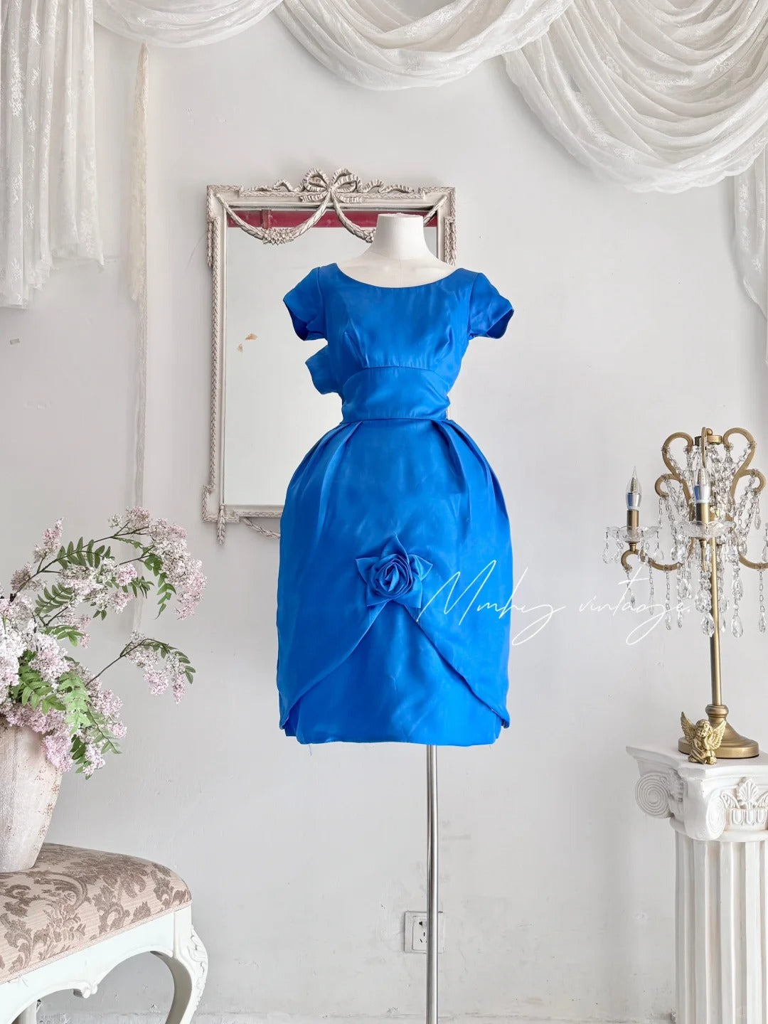 Klein blue retro fashion elegant flower bud floral embellishment exquisite waist very waist-revealing medium-length/short prom dress evening dress prom dress nv4085