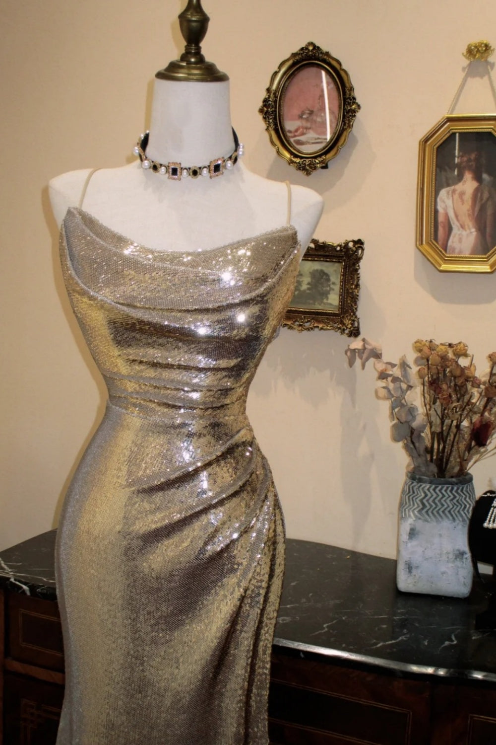 Gold Sequin One-Shoulder Fitted Maxi Evening Dress NV6547