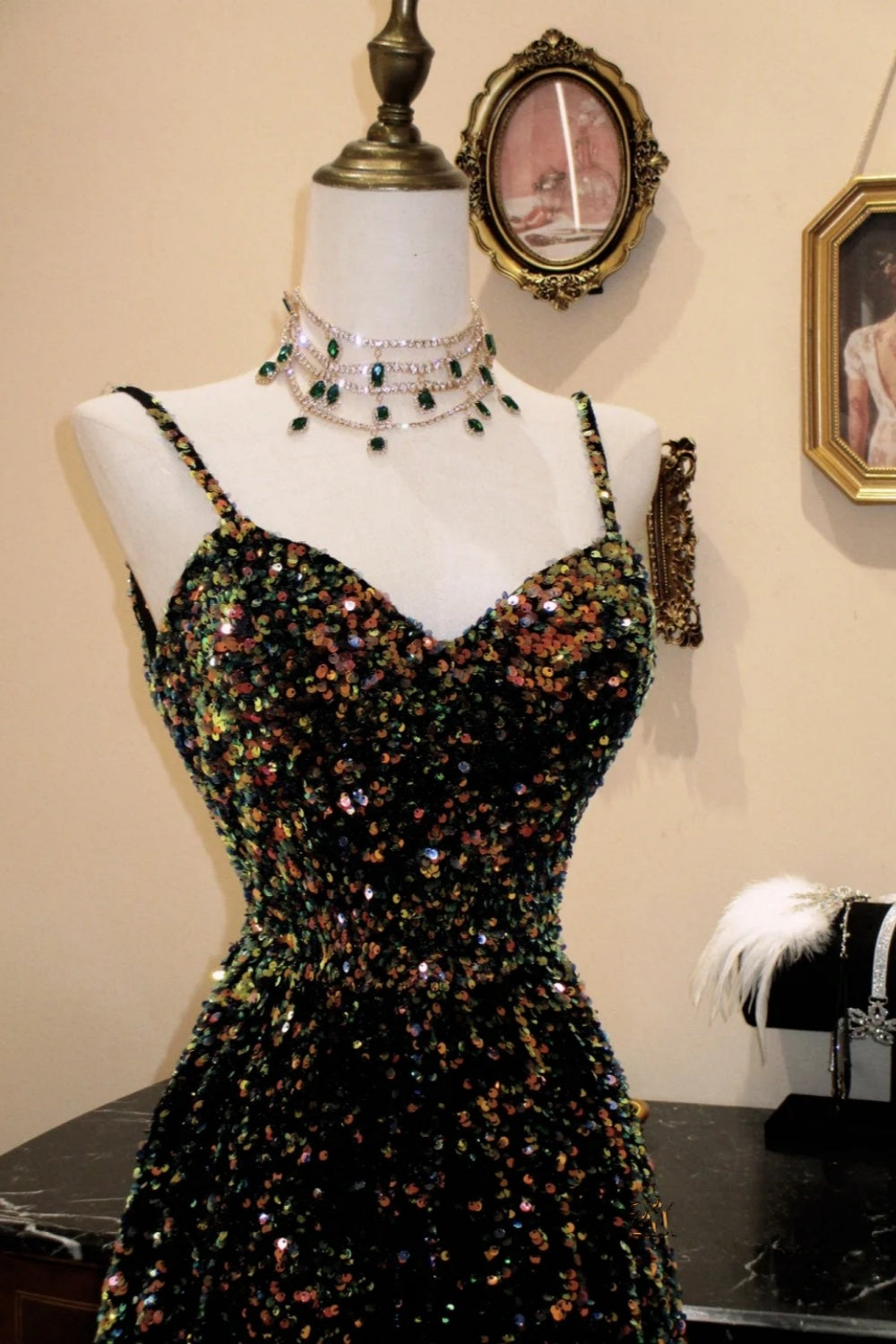 Black Iridescent Sequin Spaghetti Strap Heart Neck Maxi Evening Dress NV6549