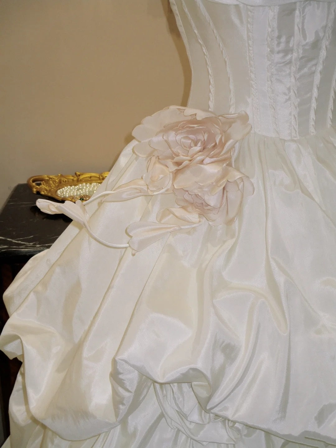 White Satin Strapless Ball Gown with Floral Detail Vintage Evening Dress NV6552