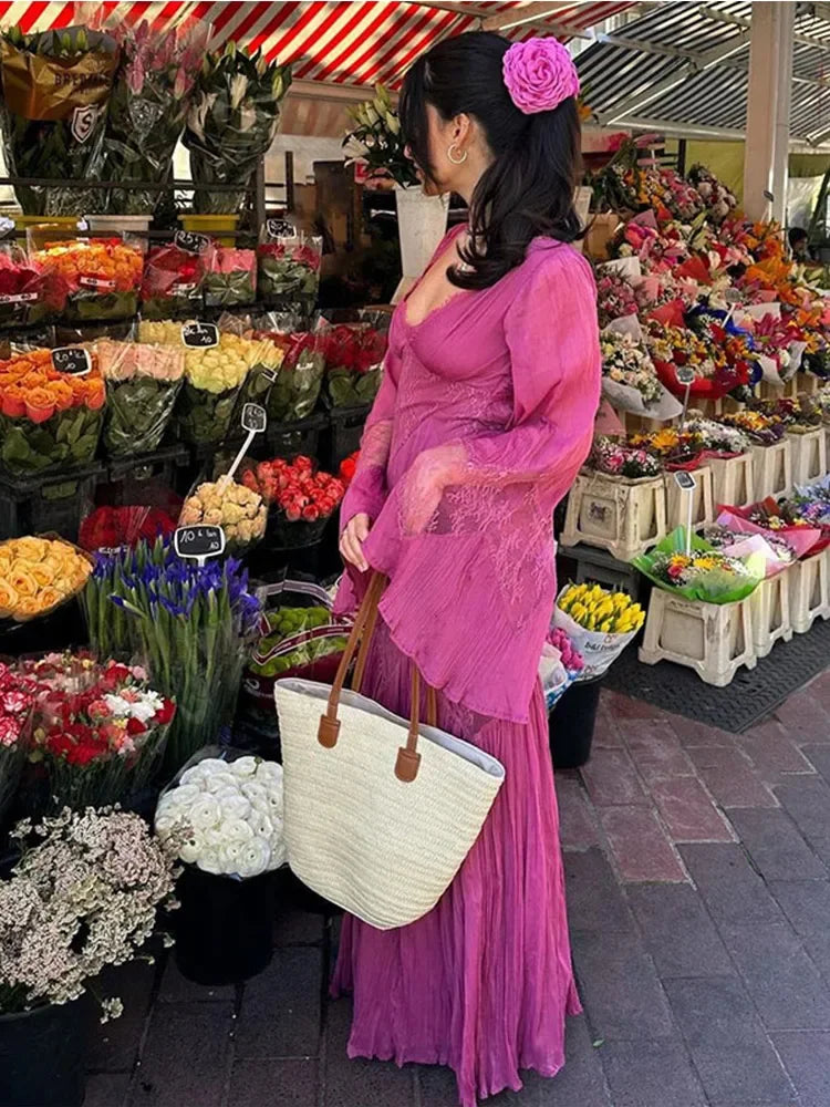 Pink Purple Lazy Retro Elegant Fashion V-neck Exquisite Lace Ruffle Long Sleeve Long Chiffon Floor-length Ball Gown Evening Gown Holiday Party Gown Bridesmaid Dress nv3823