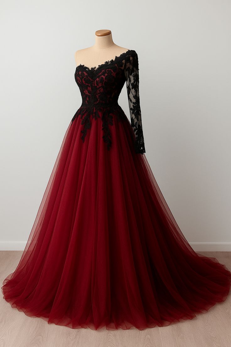 NiceVestidos-_Wine Red, Delicate Black Lace, One-Shoulder, Fashionable Long Floor-Length Tulle Ball Gown NV6065
