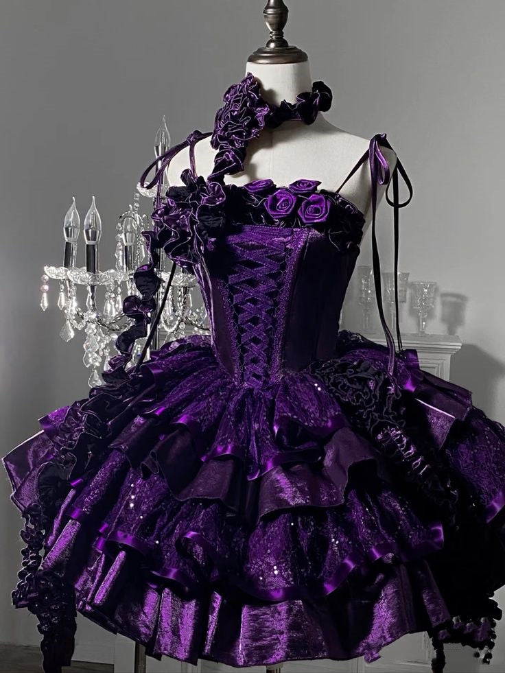 Purple Floral Vintage Cute Short Tulle Homecoming Dress Prom Dress Birthday Dress nv4825