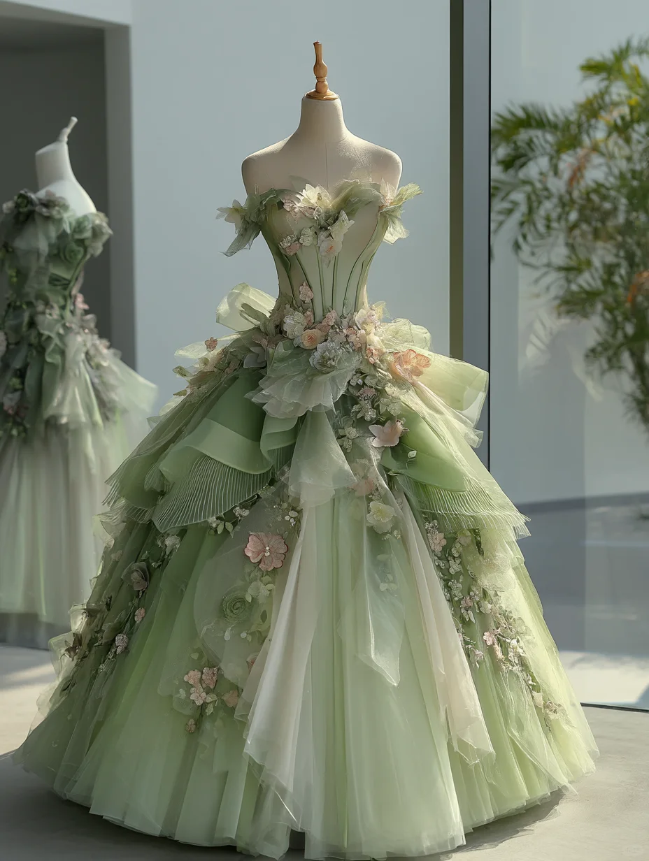 Strapless Off Shoulder Green Tulle Fairy Gown, 3D Flower Decor, Boned Bodice, Layer Ruffle Ball Gown NV7464