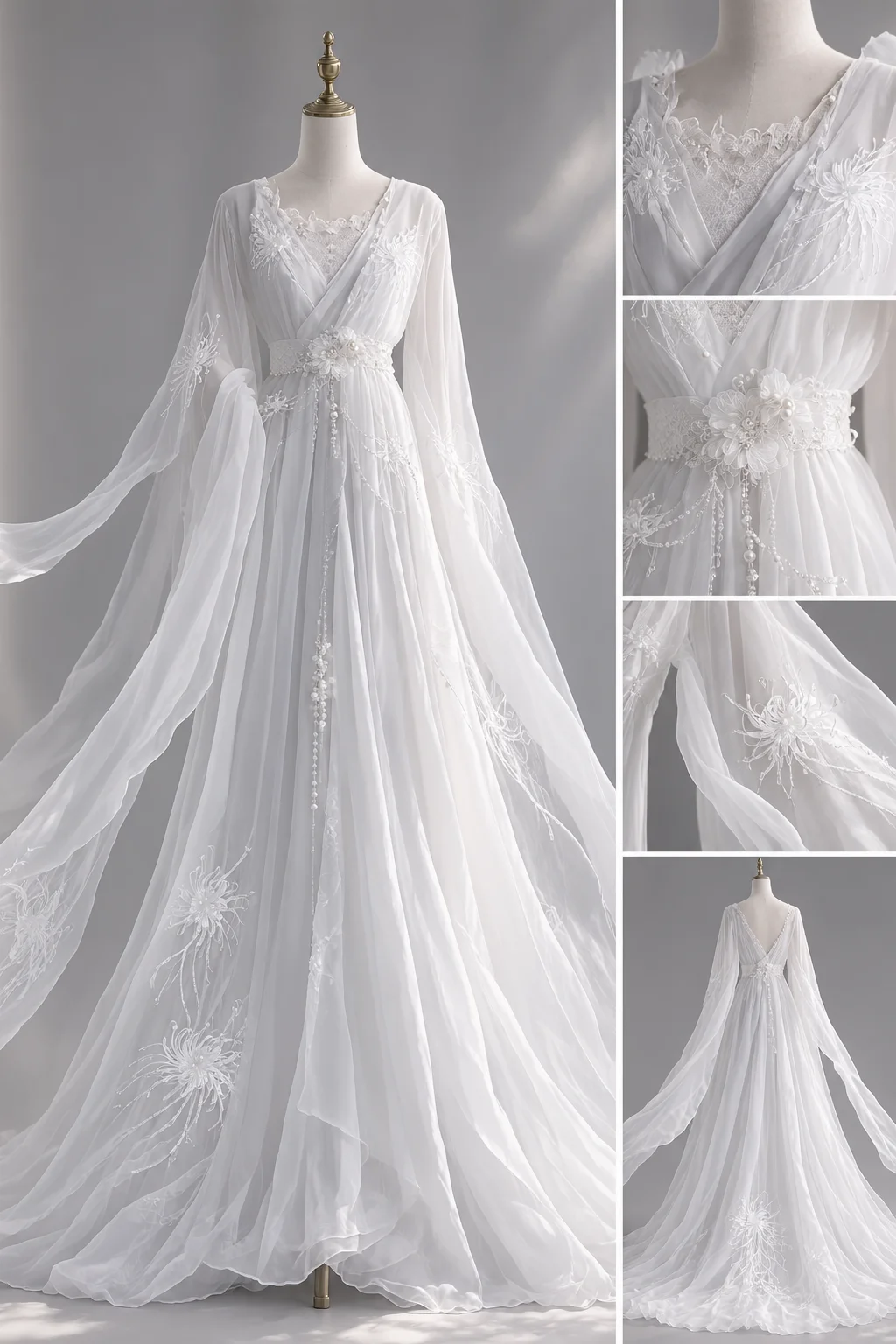 White Ancient Style Chiffon Bridal Gown, V Neck Wide Sleeve 3D Floral Embroidery Pearl Waist Sash NV7447