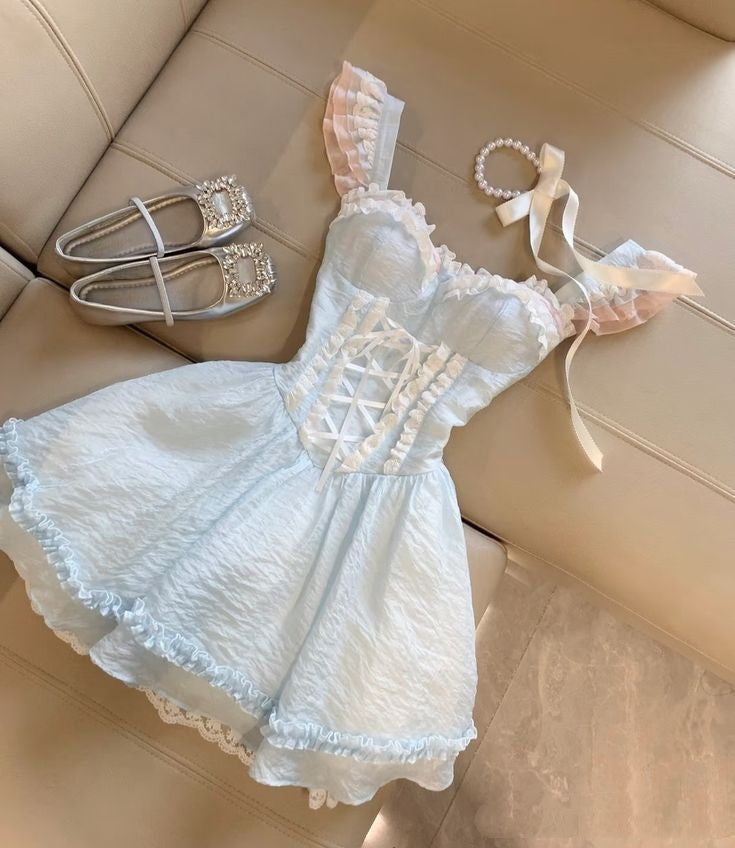 Hellblaues süßes kurzes Chiffon-Heimkehrkleid Partykleid nv4878