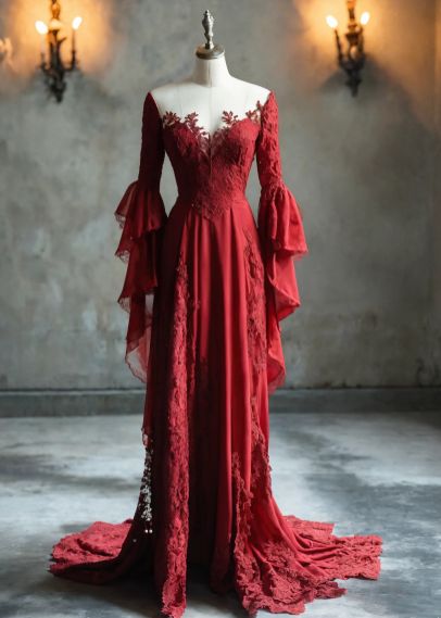Robe de bal longue à manches longues en dentelle délicate bordeaux NiceVestidos NV6118
