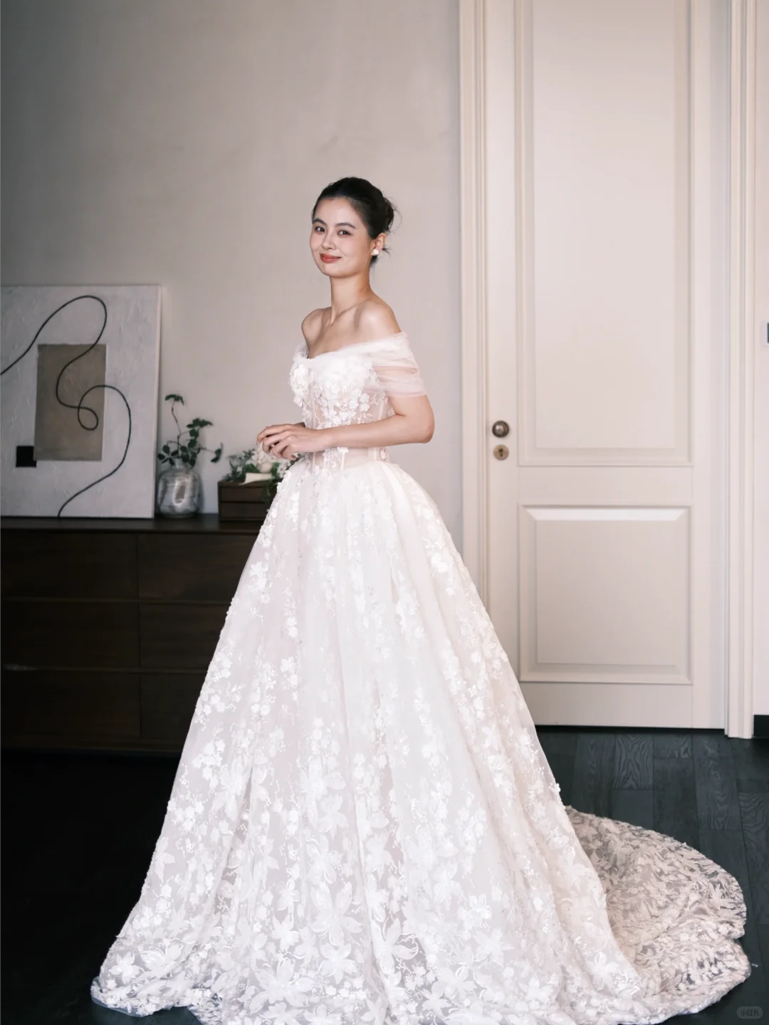 Off Shoulder Ivory Lace Wedding Gown, 3D Floral Appliques Sheer Corset Ballgown Bridal Dress NV7392