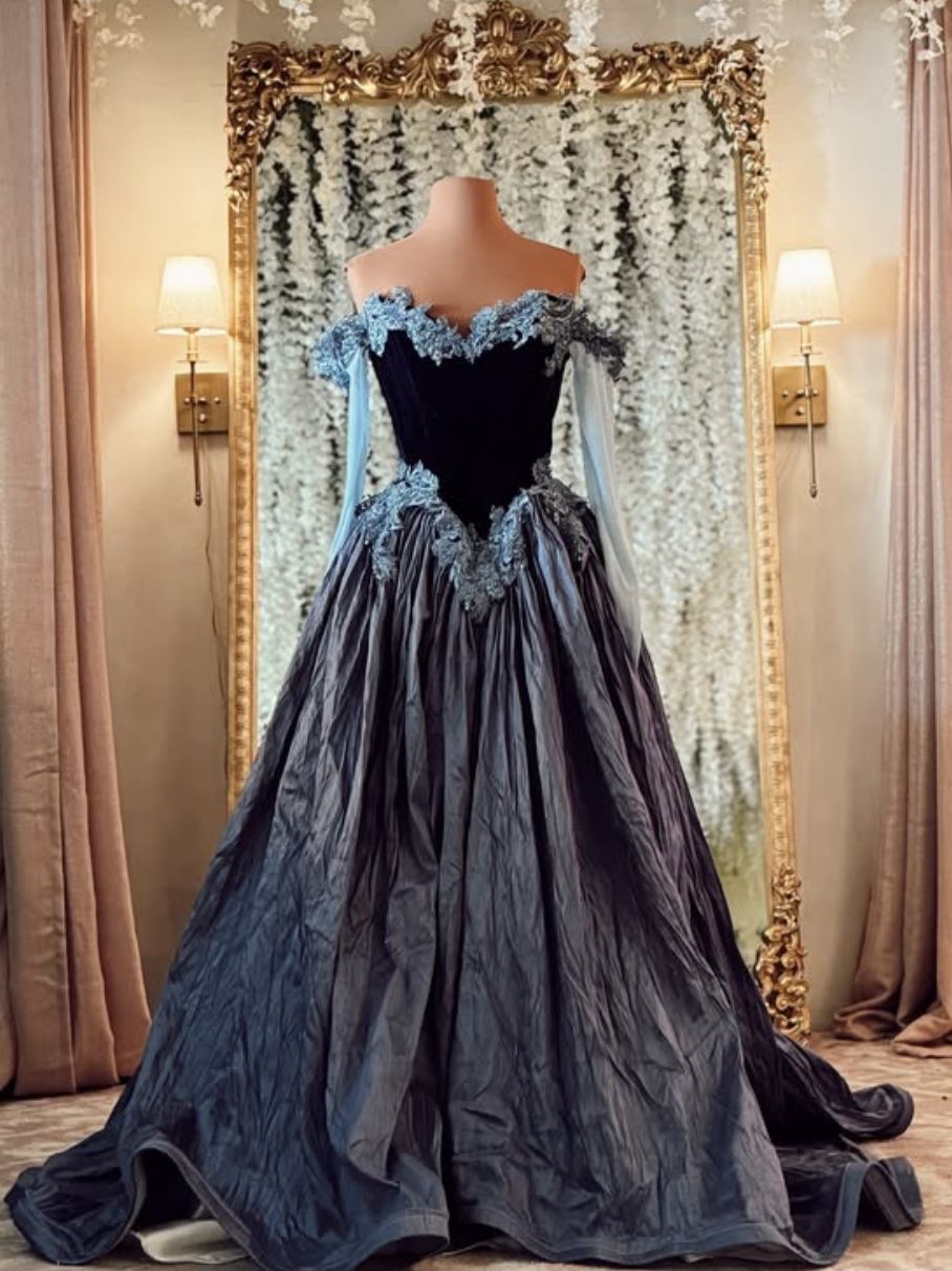 Dark Retro Style Black-Blue Contrast Velvet Lace Off-Shoulder Ballgown - Gothic Theme Dinner & Ball Dress NV6385